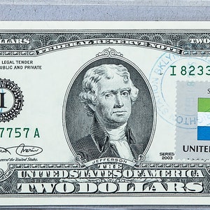 Zwei Dollarschein *US 2 Dollar Briefmarke *Papiergeld *Federal Reserve Bank *Banknote Gem UNC *Geldschein *Sammelgeschenke *Sierra Leone Flagge