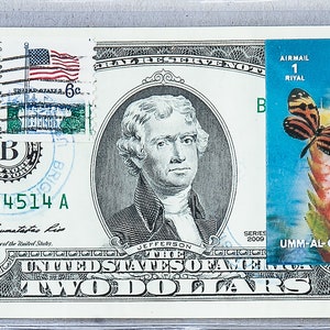 Zwei Dollarschein *Papiergeld US *Sammelbanknote *2 Dollar Briefmarke *Federal Reserve Note *Gem Unc *Freund Geschenk Schmetterling *Bank Rare Dekor