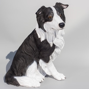 May include: A black and white border collie figurine sitting with its head turned to the side. The figurine is made of painted resin and has a realistic appearance.