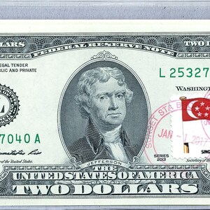 Papiergeld US *2 Dollar Bill *Federal Reserve Note *Zwei Dollar Briefmarken *Banknote Währung Bonität *Business Sammler Geschenke *Singapur Flagge