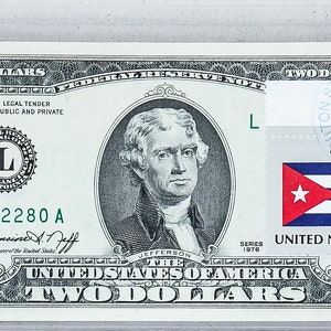 1976 Zwei Dollar Briefmarken *US 2 Dollar Schein *Papiergeld Währung *Gem Stempelglanz *Federal Reserve Note *Seltene Geschäfts Geschenke *Landesflagge