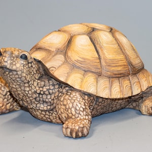 Puede incluir: Una figurita de tortuga de madera tallada con una concha marrón y beige y una cara detallada. La tortuga está tumbada boca abajo con las patas extendidas.