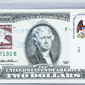 Zwei Dollar Briefmarken *US 2 Dollar Schein *Papiergeld *Federal Reserve Note *Banknote Gem Unc *Währungssammlung *Wildtiere Original Geschenke