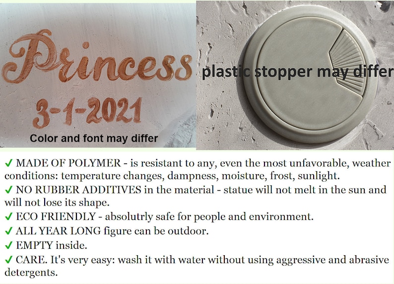 Op de afbeelding: Een gepersonaliseerde polymeerplaquette met het woord "Princess" en de datum "3-1-2021" in bruine kleur. De tekst "Color and font may differ" is ook inbegrepen. De plaquette is gemaakt van weerbestendig polymeer en geschikt voor buitengebruik.