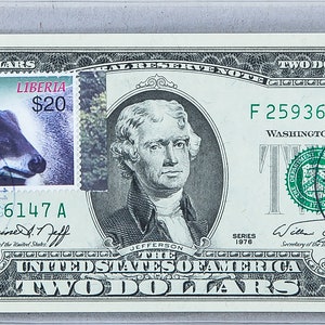 Zwei Dollar Briefmarken *US 2 Dollar Schein *Papiergeld Währung *Noten Gem Unc *Federal Reserve Bank *Wildtier Dekor *Sammler Jäger Geschenk