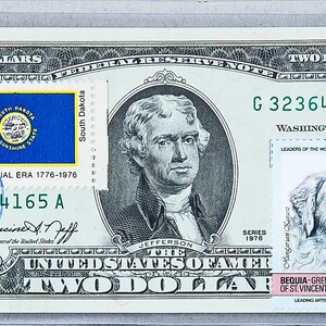 Banconote da due dollari del 1976 *Banconota da collezione *2 dollari USA *Federal Reserve Note *Carta moneta Gem Unc *Francobollo bicentenario *Annullato il primo giorno