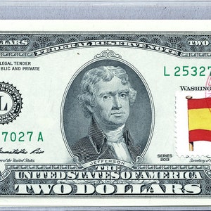 2 Dollar Schein *Spanien Flagge *Papiergeld *Federal Reserve Note *Zwei Dollar Briefmarken *Banknote Gem unc *Business Dekor *Geschenk für Ihn
