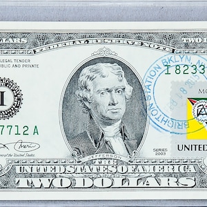 Zwei Dollar Briefmarken *US 2 Dollar Schein *Papiergeld Währung *Federal Reserve Bank Note *Business Geschenk * Hotel Art Decor *Mosambik Flagge Stempel