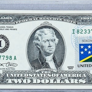 Banconota da due dollari *Banconota da 2 dollari USA *Carta moneta *Federal Reserve Bank *Regali aziendali *Decorazioni per hotel *Bandiera delle Isole Salomone *Francobollo postale annullato