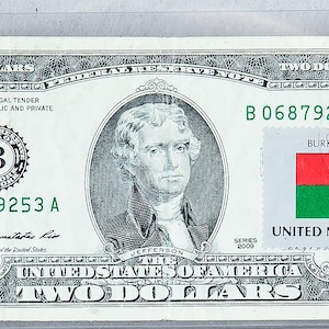 2 Dollar Bill *Papiergeld *Two Dollar Note *Währung Gemme Stempelglanz *Federal Reserve Bank *Landesflagge Burkina Faso *Stampe gestempelt USPS