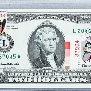Banconota da due dollari *Carta moneta USA *Federal Reserve *Francobollo da 2 dollari *Banconota Gemma Unc *Valuta da collezione *Regalo di Natale *Decorazione di Capodanno
