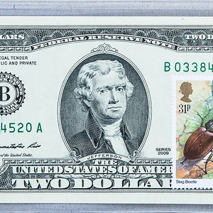 Banconota da due dollari *Banconota UNC *Valuta dollaro USA *Cartamoneta Stati Uniti *Federal Reserve Note *Decorazione scarabeo *Regalo d'arte aziendale Compleanno