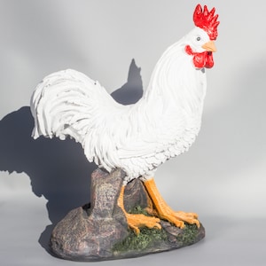 Large Rooster Statue *White Chicken Sculpture *Bird Figure Flowerbed Garden Decor *Farm Animal Realistic *Country Outdoor Back Yard Keepsake