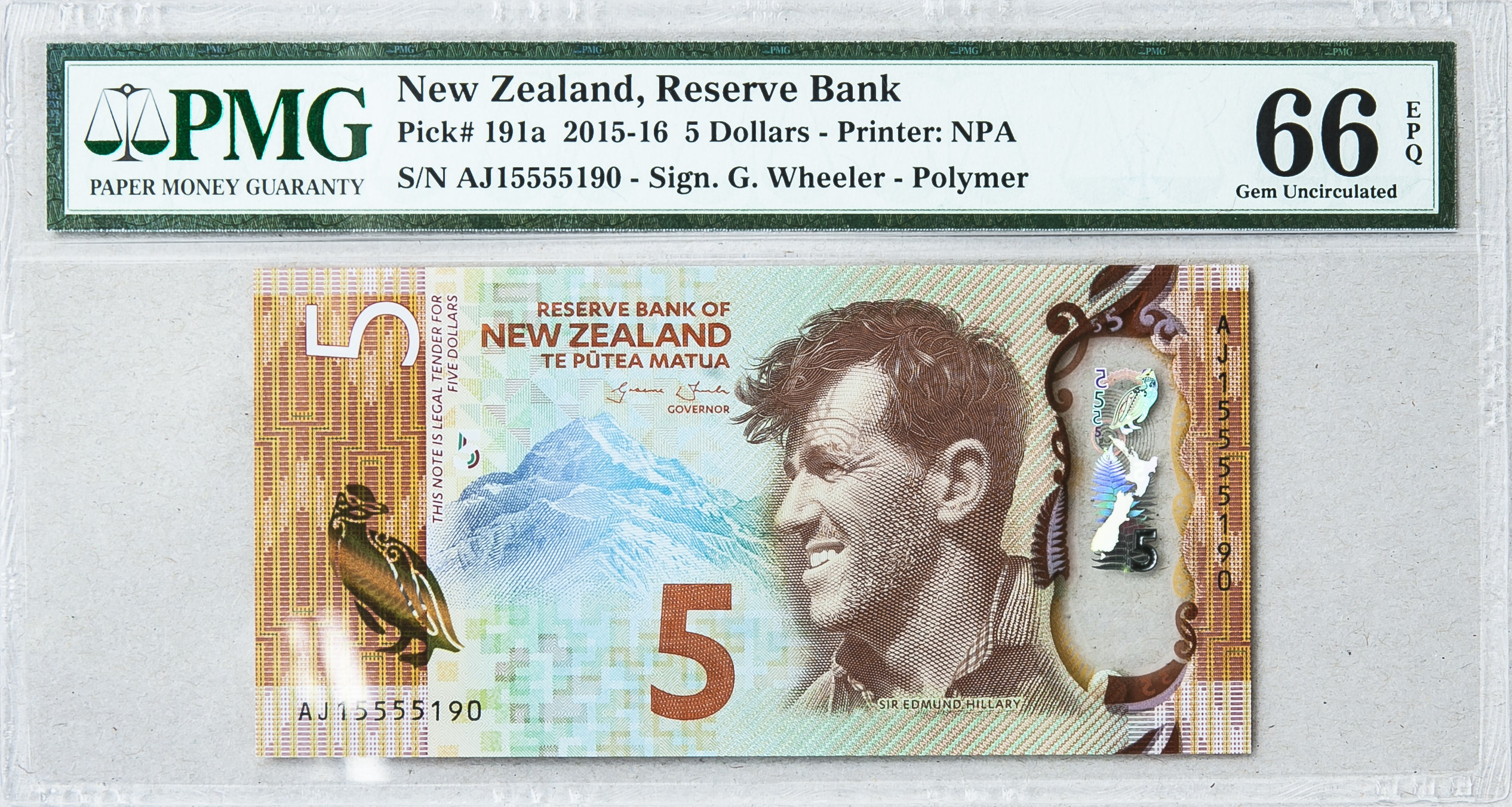 New Zealand Banknote *Banknote Polymer *PMG Certificate *Paper Money Graded *5 Dollars Reserve Bank *66 EPQ *Currency Bill *GEM Uncirculated