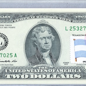 US Dollar Bill *Argentinien Flagge *Papiergeld *Federal Reserve Note *Zwei Dollar Briefmarken *Banknote Gem unc *Banker Geschenk *Business Dekor