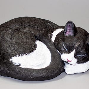 Cat Black White Urn Custom Paint *Cremation Statue Pet Ashes *Home Memorial Sleeping Animal *Keepsake Funeral Casket Tuxedo Burial Sculpture