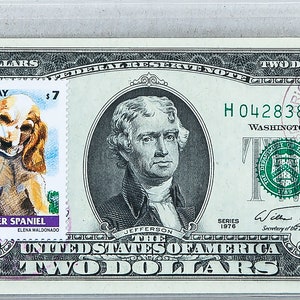 1976 Two Dollars Bill *2 Dollar *Federal Reserve Note *Papiergeld Sammlerstück *Cocker Spaniel *Ersttagsmarke entwertet *Geschenk für Hundeliebhaber