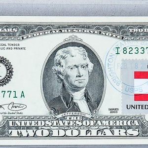 Fed Note *2 Dollar Bill *Papiergeld US *Zwei Dollar Banknote *Gem Stempelglanz *Country Flagge Business Geschenk *Währungsnotiz Briefmarken