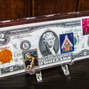 Zwei Dollarschein *US 2 Dollar Note *Papiergeld *Federal Reserve *Virgin Mary Dekor *Banknotensammlungs Währung *Weihnachtsreligiöse Geschenke
