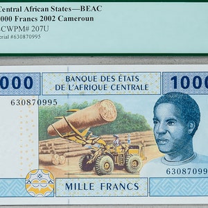 Banconota del Camerun *1000 franchi *Stati dell'Africa centrale *Banconota Camerun *Certificato PCGS *Classificato 67 PPQ *Superb GEM *Banconota monetaria Unc