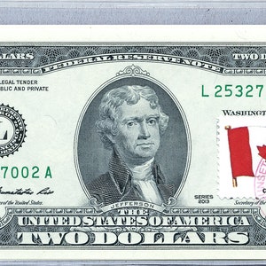 Papiergeld US * 2 Dollar Bill * Kanada Flagge *Federal Reserve Note * Zwei Dollar Briefmarken * Banknoten Währung * Gem Unc * Business Sammler Geschenke