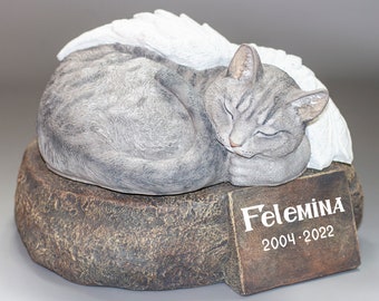 Cat Angel Wings Memorial Urn *Headstone Marker Plaque Personalized *Pet Cremation Statue Ashes *Unique Funeral Casket *Grave Decor Keepsake