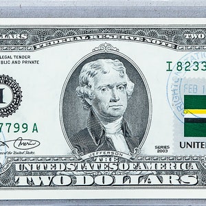 Geldscheine US *2 Dollar Note *Federal Reserve *Zwei Dollar Banknote *Geld Gemme Unzirkuliert *Business Geschenk *Dominica Flagge