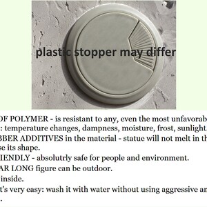 May include: A white plastic round cover with a textured surface and the text "plastic stopper may differ". The cover is designed to be weather resistant and is made of polymer. It is eco-friendly and can be used outdoors.