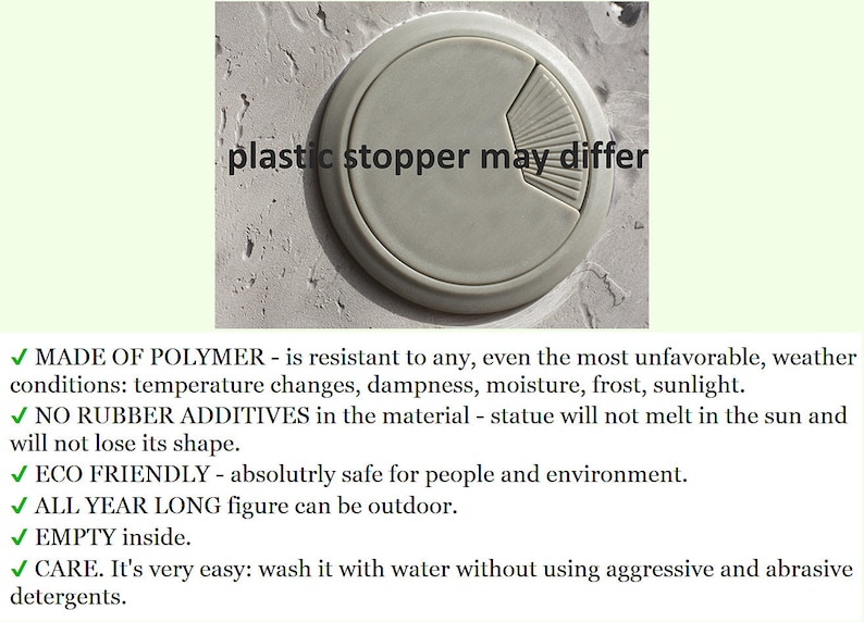 May include: A white plastic round cover with a textured surface and the text "plastic stopper may differ". The cover is designed to be weather resistant and is made of polymer. It is eco-friendly and can be used outdoors.