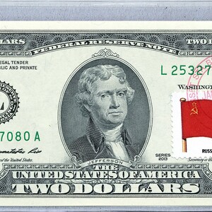 Papiergeld US * 2 Dollar-Schein *Russland UDSSR Flagge *Federal Reserve Note *Zwei Dollar Briefmarke *Banknote Währung *Business Dekor *Sammlergeschenk