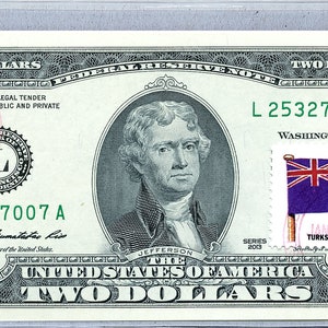 Banconota della Federal Reserve * Banconota da 2 dollari * Soldi USA * Francobolli da due dollari * Banconota da collezione * Carta moneta * Bandiera di Turks e Caicos * Regalo aziendale per uomini