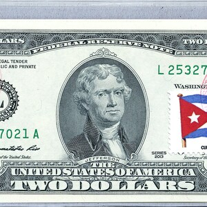 Carta moneta USA *Banconota da 2 dollari *Biglietto della Federal Reserve *Due dollari da collezione *Banconota valuta *Gioiello non monetario *Regalo aziendale *Francobollo postale Bandiera