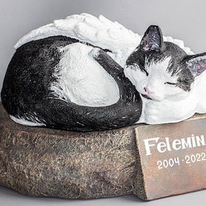 Tuxedo Cat Angel Wings Urn *Cremation Statue Ashes Holder *Sleeping Pet Headstone Custom Paint *Memorial Plaque Personalized *Funeral Casket