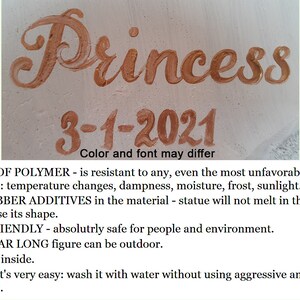 May include: A white background with the word "Princess" written in cursive in a reddish-brown color. The date "3-1-2021" is written below the word "Princess" in the same color. The text "Color and font may differ" is written below the date. The text below the date describes the product's features: "MADE OF POLYMER - is resistant to any, even the most unfavorable, weather conditions: temperature changes, dampness, moisture, frost, sunlight. NO RUBBER ADDITIVES in the material - statue will not melt in the sun and will not lose its shape. ECO FRIENDLY - absolutely safe for people and environment. ALL YEAR LONG figure can be outdoor. EMPTY inside. CARE. It's very easy: wash it with water without using aggressive and abrasive detergents."