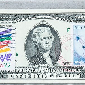 Zwei Dollar Briefmarken *Geld 2 Dollar Schein *Papiergeld Währung *Federal Reserve Bank Note *Gem Stempelglanz *Usps Post Briefmarke Bär *Freund Geschenk