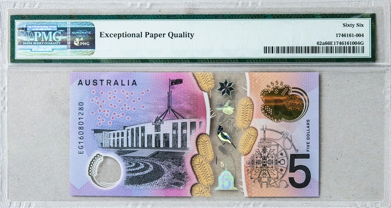 SUPERB GEM UNC CERTIFIED PMG 67 EPQ 2016 AUSTRALIA $5 POLYMER BANKNOTE NEW