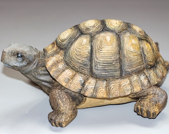 May include: A brown and tan ceramic turtle figurine with a detailed shell and textured legs.