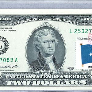 Geldscheine *Zwo Dollarschein *Papiergeld US *Federal Reserve *2 Dollar Briefmarken *Banknote Sammlerstück Unc *Business Geschenk *Micronesia Flagge