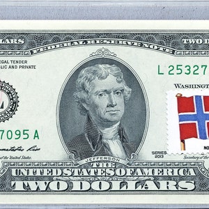 Papiergeld US * 2 Dollar-Schein * Norwegen Flagge *Federal Reserve Note * Zwei Dollar Briefmarken * Banknote Währung UNC * Business Dekor * Sammlergeschenk