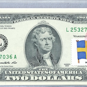 2 US Dollarschein *Papiergeld *Schweden Flagge *Federal Reserve Note *Zwei Dollar Briefmarken *Banknote Gem unc *Bürodekoration *Geschenk für Ihn