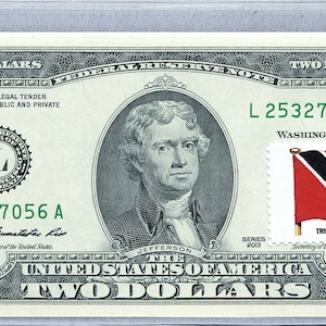 Fed Note * 2 Dollar Bill * Papiergeld US * Zwei Dollar Briefmarken * Banknoten Währung * Trinidad Tobago Flagge * Sammlerstücke Geschäftsgeschenke