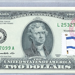Geldscheine *2 Dollar Note *Israel Flagge *Papiergeld US *Federal Reserve *Zwei Dollar Briefmarken *Geldschein Sammlerstück Gem Unc *Business Geschenke