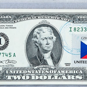 Zwei Dollar Stempel * US 2 Dollar Schein * Papiergeld Gem UNC * Banknoten * US Notenbank * Sammler Geschenk * Tschechoslowakei Flagge
