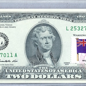 Papiergeld US *2 Dollar-Schein *Federal Reserve Note *Zwei Dollar Briefmarke *Banknote Währung *Bürodekoration *Business Geschenk *Pitcairn Islands Flagge