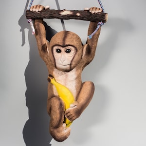 Hanging Monkey *Chimpanzee Statue *Tree Branch Decorations *Wildlife Garden Sculpture *African Animal Figurine *Yard Outdoor Banana Keepsake