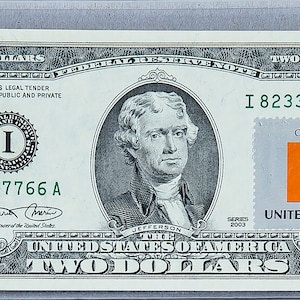 Zwei Dollarschein *US 2 Dollar Briefmarken *Papiergeld Währung *Federal Reserve Bank Note *Gem Unzirkuliert *Gem Onyx *Sammlergeschenk *Cote d'Ivoire Flagge