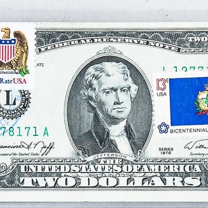 1976 Two Dollar Bill *Papiergeld US *Federal Reserve *Banknote Gem Unc *2 Dollars Sammlung *Basset Hound Geschenke *Ersttagsmarke abgebrochen