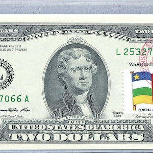 Papermoney US *2 Dollar Bill *Zentralafrikanische Republik *Federal Reserve Note *Zwei Dollar Briefmarken *Banknote Währung UNC *Business Geschenke Flagge