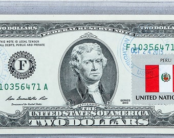 Two Dollar Stamps *US 2 Dollar Bill *Paper Money *Currency Collection *Federal Reserve Bank *Restaurant Decor *Anniversary Gifts *Peru Flag