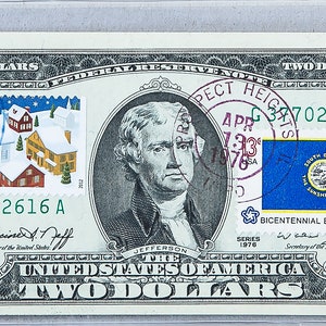 Banconota da due dollari del 1976 *Federal Reserve *Francobolli da 2 dollari *Banconote *Cartamoneta USA *Gem Unc *Decorazioni natalizie *Regali di Capodanno da collezione